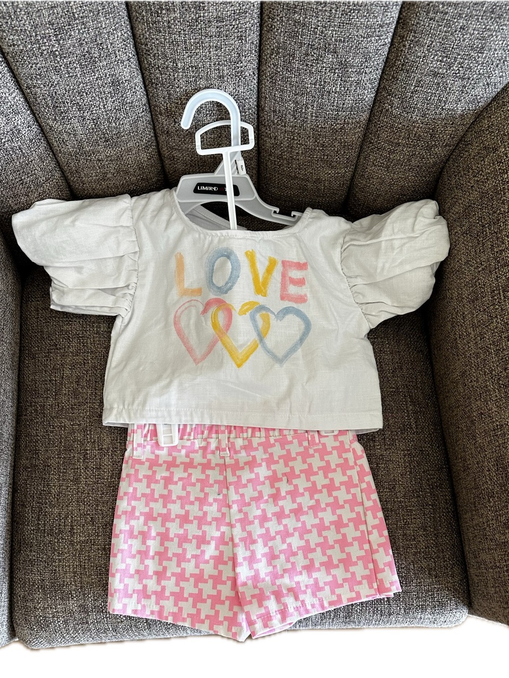 The Limited White 'LOVE' Top with Pink Houndstooth Shorts Pajama Set